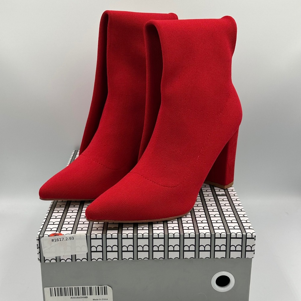 NEWBELLA MOUSSE FIT Pointed Toe Sock Boots Red Sz 8 NIB Block Heel Knit Pull On